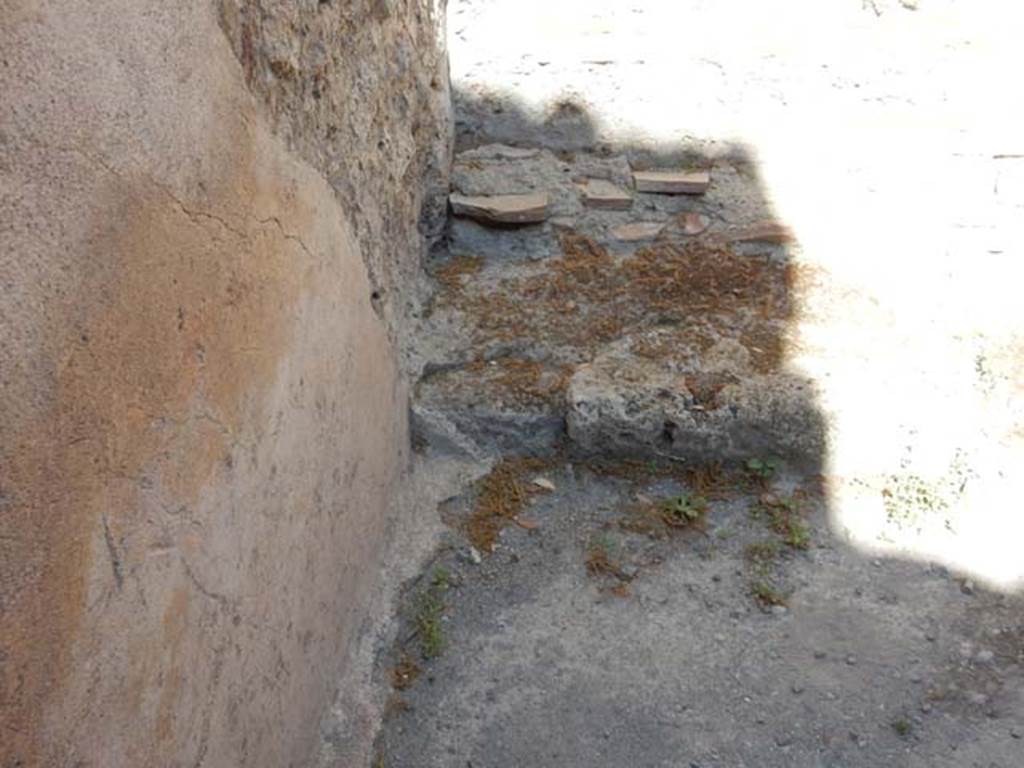 VIII.5.37 Pompeii. May 2017. Room 15, remains of plaster on north wall, looking east towards base of stairs. On the north wall, an outline of the stairs can be seen. Photo courtesy of Buzz Ferebee.