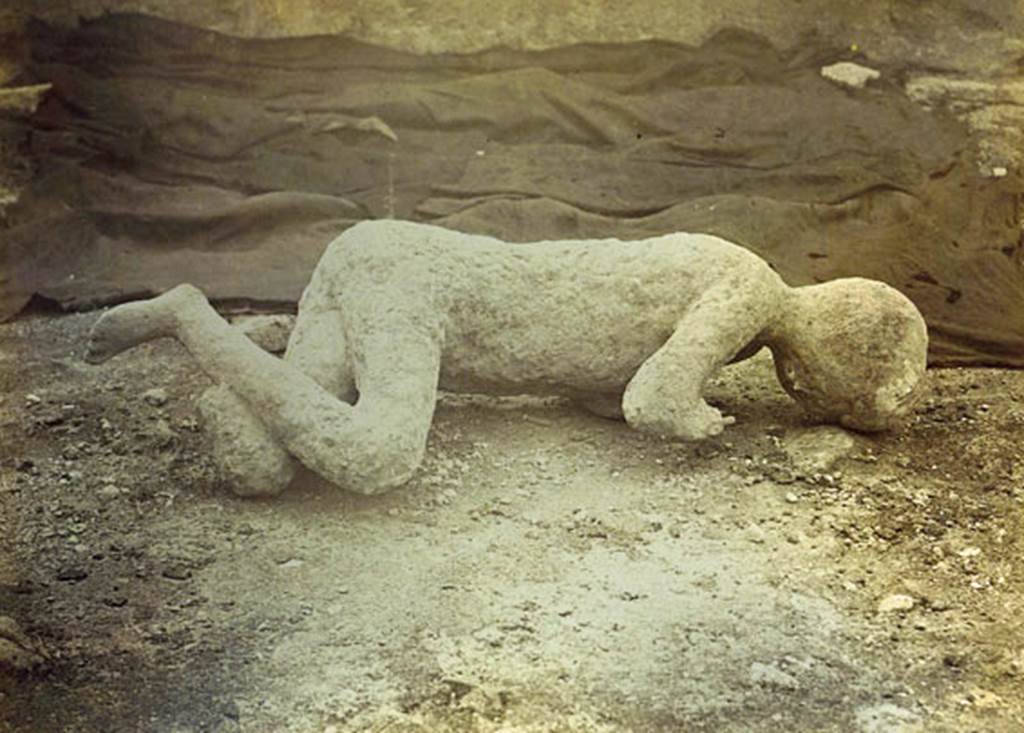 VIII.5.39 Pompeii. Plaster-cast of an impression of a boy found on 24th January 1882, around 12 feet (4 metres) above the ancient ground level. Photo by Giorgio Sommer. Also found nearby was a skeleton of a woman, but only her arm was successfully cast. On her arm were two gold bracelets, and on her hand were two gold rings. It is conjectured that she was his mother, and that he was infirm and being helped from an upper window when the surge hit Pompeii. See Dwyer, E., 2010. Pompeii’s Living Statues. University of Michigan Press. (pp. 98 to 103). See Notizie degli Scavi, 1882, p.280: See BdI. 1884, pp126 sgg.