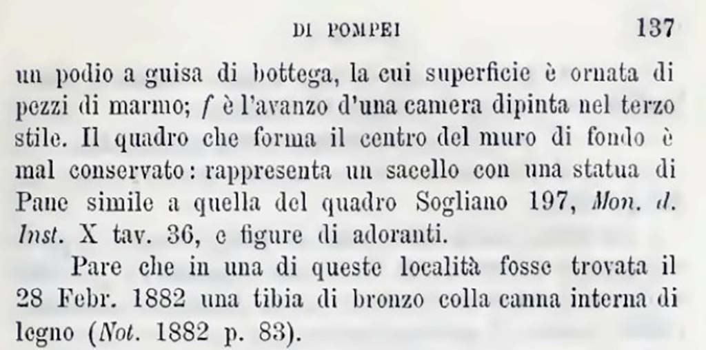 Description of “an area to the west of No.5”, a description of the unnumbered area (our number VIII.6.3) on west side of VIII.6.4, which is described as “No.5” on the plan.
See Bullettino dell’Instituto di Corrispondenza Archeologica (DAIR), 1884, p.137.