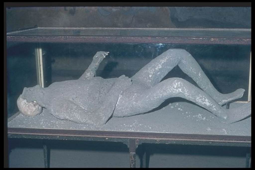 VIII.6.6 Pompeii. Plaster cast of body, identified as body number 12, recovered on 28th December 1882. This is now on display in the Macellum at VII.9.7. The location was given as south-west corner of the garden in VIII.6.5 (? VIII.6.6). He was found four metres above the ground level, on top of the lapilli. He was carrying two keys. See Dwyer, E., 2010. Pompeii�s Living Statues. Univ. of Michigan Press: (p.103)  
Garcia y Garcia gives the plaster cast number as 16. See Garcia y Garcia, L., 2006. Danni di guerra a Pompei. Rome: L�Erma di Bretschneider. (p.194)
Photographed 1970-79 by G�nther Einhorn, picture courtesy of his son Ralf Einhorn.

