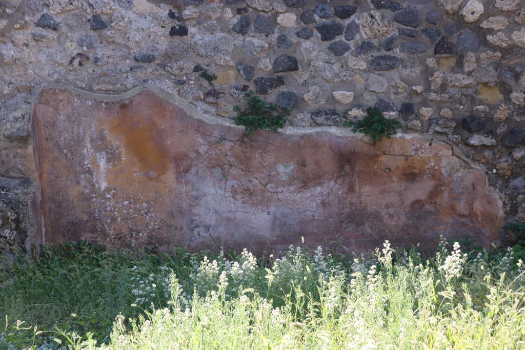 VIII.6.7 Pompeii. October 2022.
Detail of remaining painted decoration from south wall in south-east corner. Photo courtesy of Klaus Heese.