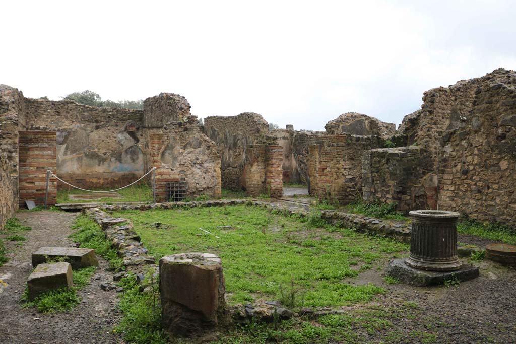 VIII.6.1, Pompeii. December 2018.
Looking east across peristyle towards the doorway to a triclinium and a storeroom. Photo courtesy of Aude Durand.