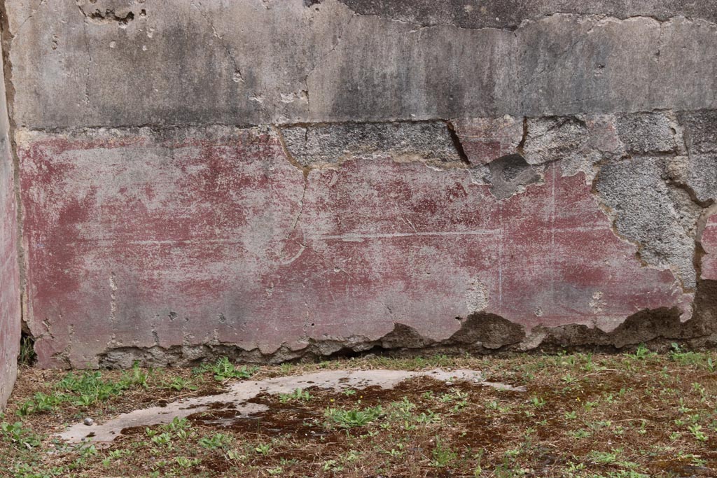 VIII.6.10 Pompeii. May 2024.
Room “i”, detail of painted decoration on zoccolo of lower east wall at north end. Photo courtesy of Klaus Heese.
