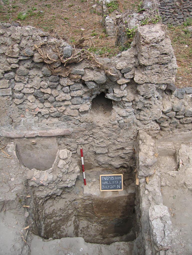 VIII.7.10 Pompeii. July 2005. Image of the north wall of garden area, that seems to still have a clear niche.
Photo courtesy of Pompeii Archaeological Research Project: Porta Stabia.
PARP: PS excavations in 2005 revealed a small semi-circular basin projecting from the north wall.
This collected water from a spout that protruded from the wall.
It was likely it was a settling tank and as there was no drain, water overflowed east along a pipe through the protruding wall into a small basin which in turn fed into a cistern mouth.
Below this a very well preserved, completely intact cistern was found that was 2 metres deep, 1.5m wide and 7m long.
This indicates that a considerable amount of water was held here, with a system of settling tanks to keep it fresh.
See PARP: PS 2005 season report http://www.fastionline.org/docs/FOLDER-it-2005-48.pdf . (p. 4, figs. 11, 13, 14, 15).
