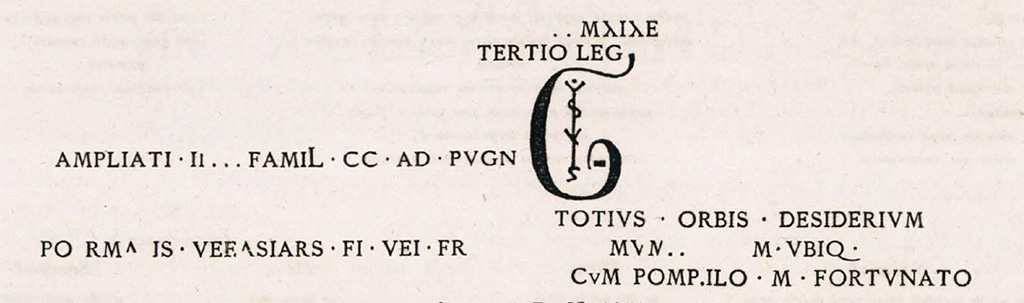 VIII.7.16 Pompeii. Entrance from Via Stabiana into Gladiators Barracks.
Alternative drawing of inscriptions on left wall as recorded in CIL IV.
See Corpus Inscriptionum Latinarum Vol. IV, Supp 2, Part 1, 1898. Berlin: Reimer, p. 204 CIL IV 1184. 
