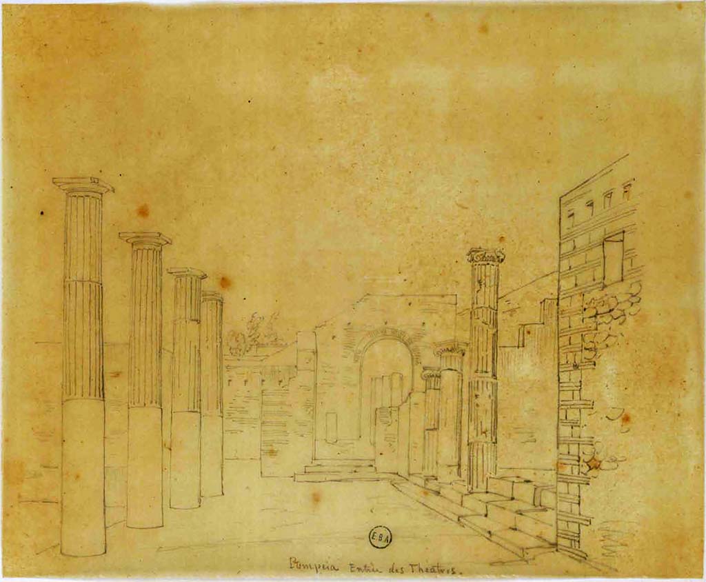 VIII.7.16 Pompeii. Sketch, north-east corner, looking north towards entrance to Theatre.
See Lesueur, Jean-Baptiste Ciceron. Voyage en Italie de Jean-Baptiste Ciceron Lesueur (1794-1883), pl. 75.
See Book on INHA reference INHA NUM PC 15469 (04)  « Licence Ouverte / Open Licence » Etalab
