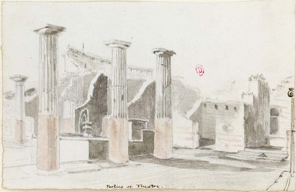 VIII.7.16 Pompeii. Between 1819 and 1832, sketch by W. Gell, looking north-west towards the large theatre, from north-east corner.
See Gell, W. Pompeii unpublished [Dessins de l'édition de 1832 donnant le résultat des fouilles post 1819 (?)] vol II, pl. 56 verso.
Bibliothèque de l'Institut National d'Histoire de l'Art, collections Jacques Doucet, Identifiant numérique Num MS180 (2).
See book in INHA Use Etalab Licence Ouverte
