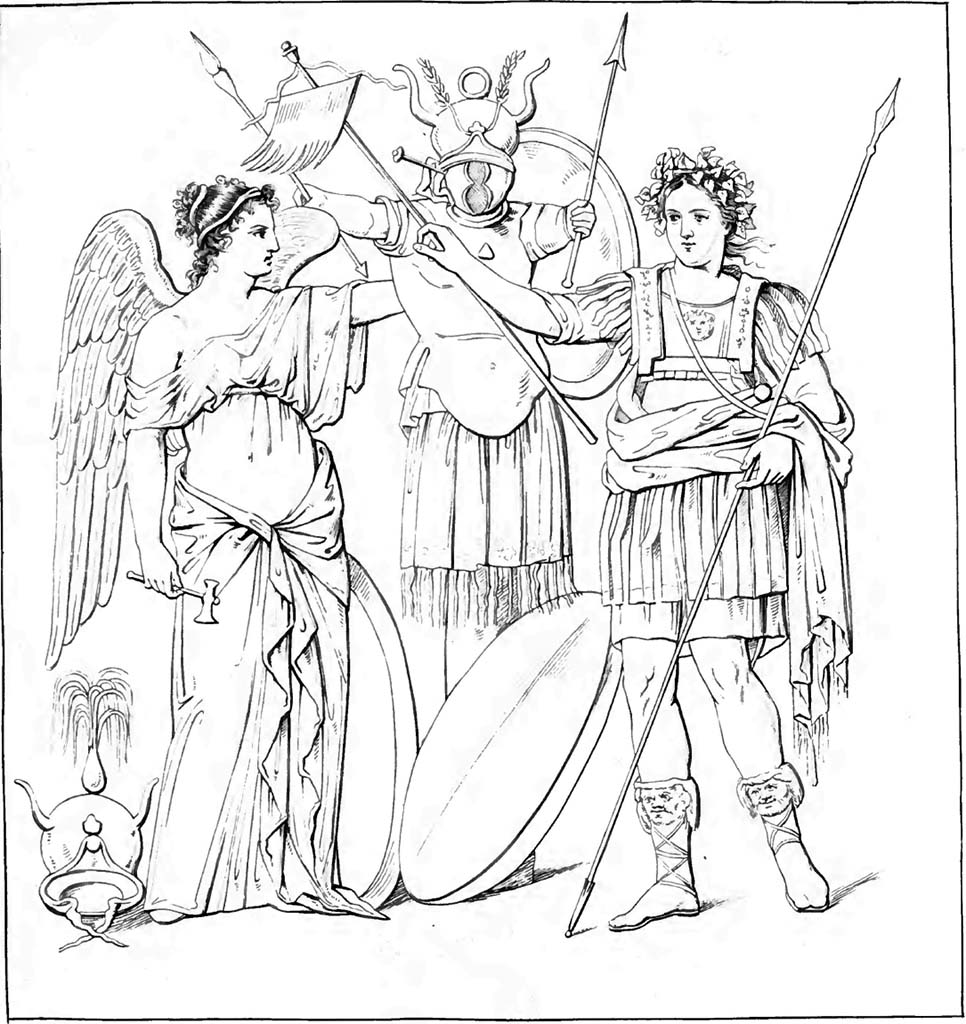 Pompeii or Villa San Marco, Stabiae? Drawing of painting of Vittoria, tropaion and victorious warrior.
See Raccolta de più interessante Dipinture e di più belle Musaici rinvenuti negli Scavi di Ercolano, di Pompei, e di Stabia. 1843. Napoli.
Original now in Naples Archaeological Museum. Inventory number 8843.
According to Hodske –
This drawing was from an unknown house and is now in Naples Archaeological Museum, inventory number 8843.
See Hodske, J., 2007/ Mythologische Bildthemen in den Häusern Pompejis. Ruhpolding: Rutzen, (p. 282, taf 204, 2, Kat. 848).