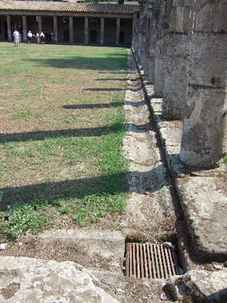VIII.7.16 Pompeii. September 2005. North West corner. Looking south along drainage channel at edge of colonnade.
