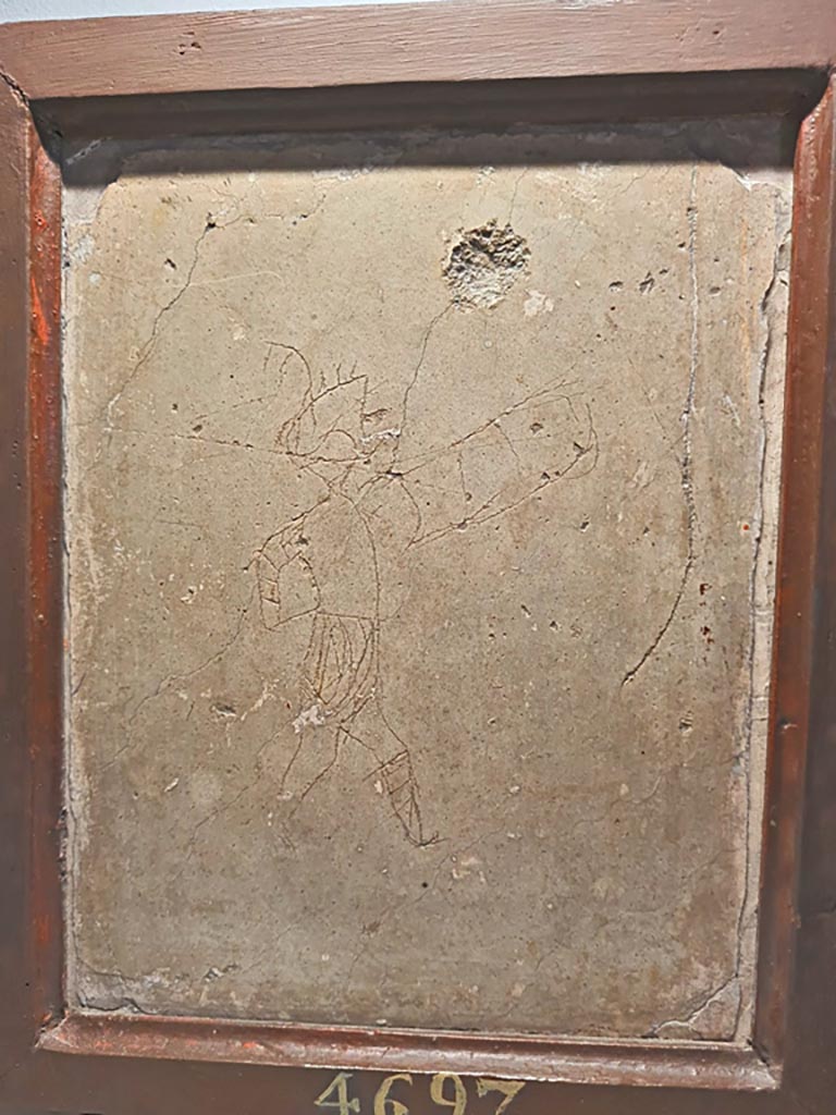VIII.7.16 Pompeii (?). Small figure of a gladiator (graffito). From Pompeii but location unknown.
Now in Naples Archaeological Museum. Inventory number 4697.