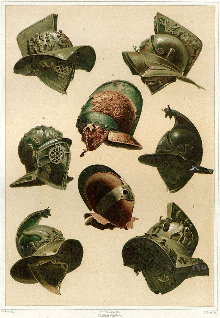 VIII.7.16 Pompeii. Drawings by P. Mattej of helmets found.
See Niccolini F, 1854. Le case ed i monumenti di Pompei: Volume Primo. Napoli, (Caserma dei Gladiatori, Tav II).