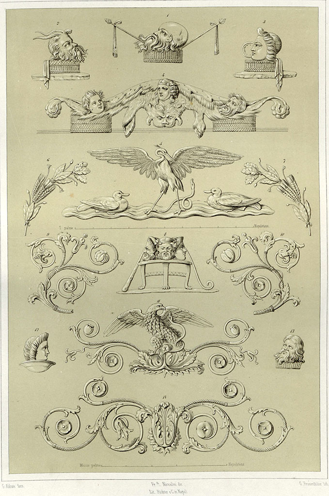 VIII.7.16 Pompeii.
Drawings by G. Abbate of particulars from leggings, shields and weapons in Tav. IV. above.
See Niccolini F, 1854. Le case ed i monumenti di Pompei: Volume Primo. Napoli, (Caserma dei Gladiatori, Tav V).
