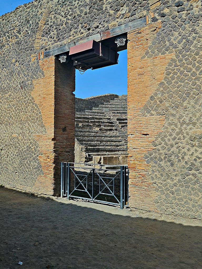 VIII.7.17 Pompeii. September 2024.
Entrance from corridor onto stage of Little Theatre. Photo courtesy of Giuseppe Ciaramella.