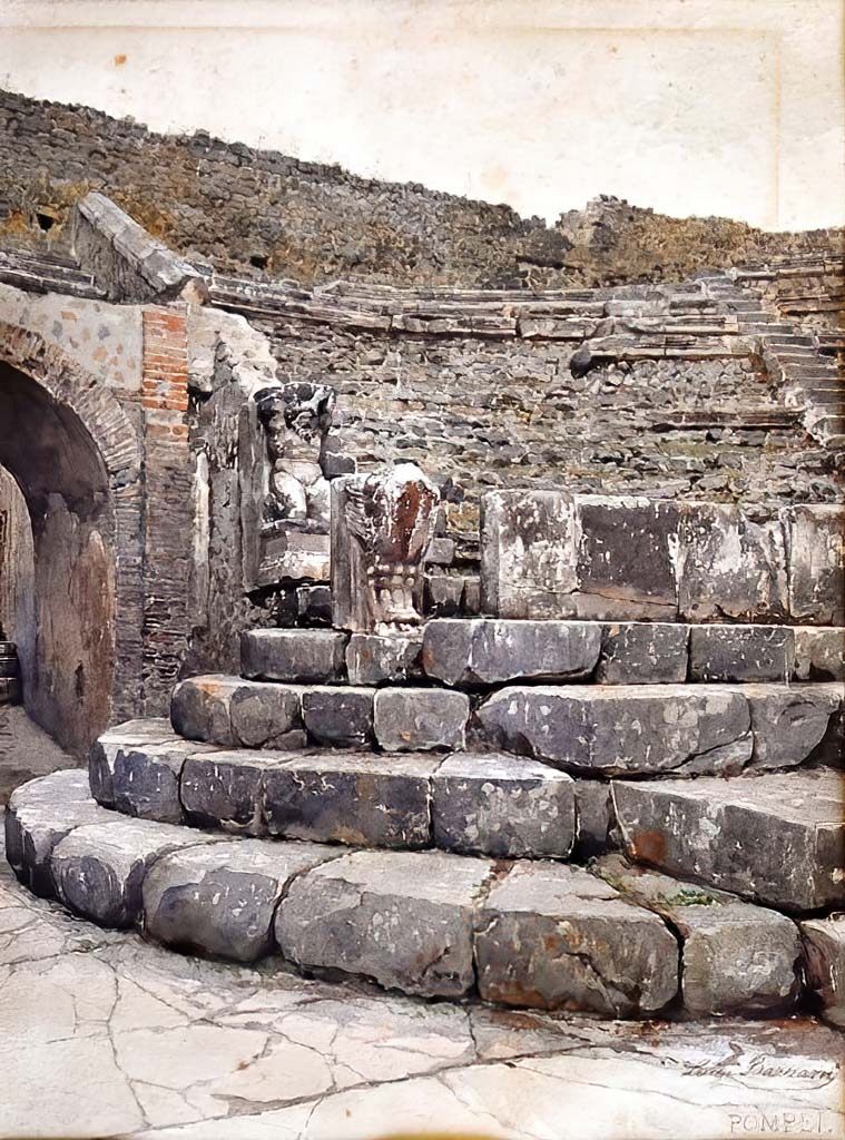VIII.7.19 Pompeii. (Undated but before 1927). Watercolour by Luigi Bazzani, looking towards west side.