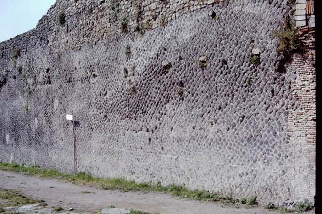 VIII.7.20 Pompeii, 1968. Looking west to Theatre exterior wall on Via Stabiana, on south side of entrance doorway. Photo by Stanley A. Jashemski.
Source: The Wilhelmina and Stanley A. Jashemski archive in the University of Maryland Library, Special Collections (See collection page) and made available under the Creative Commons Attribution-Non Commercial License v.4. See Licence and use details.
J68f1171