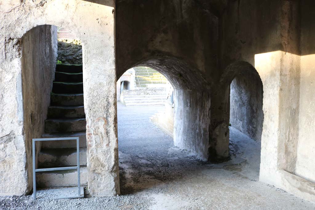 VIII.7.20 Pompeii. December 2018.
Looking west to steps to the Tribunal and entrance to the Large Theatre. Photo courtesy of Aude Durand.
