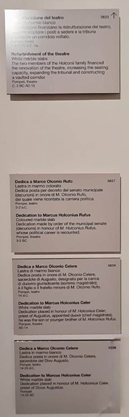 VIII.7.20 Pompeii. April 2023.
Descriptive notice-cards in “Campania Romana” gallery.
Photo courtesy of Giuseppe Ciaramella.