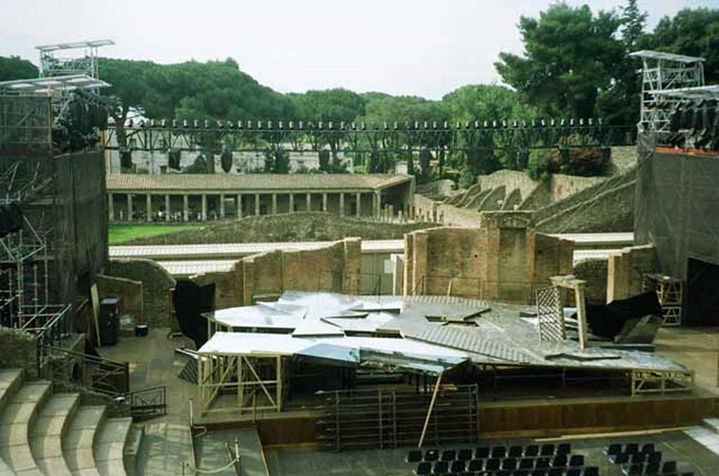 VIII.7.20 Pompeii. June 2010. Looking south across stage to Gladiators Barracks. Photo courtesy of Rick Bauer.