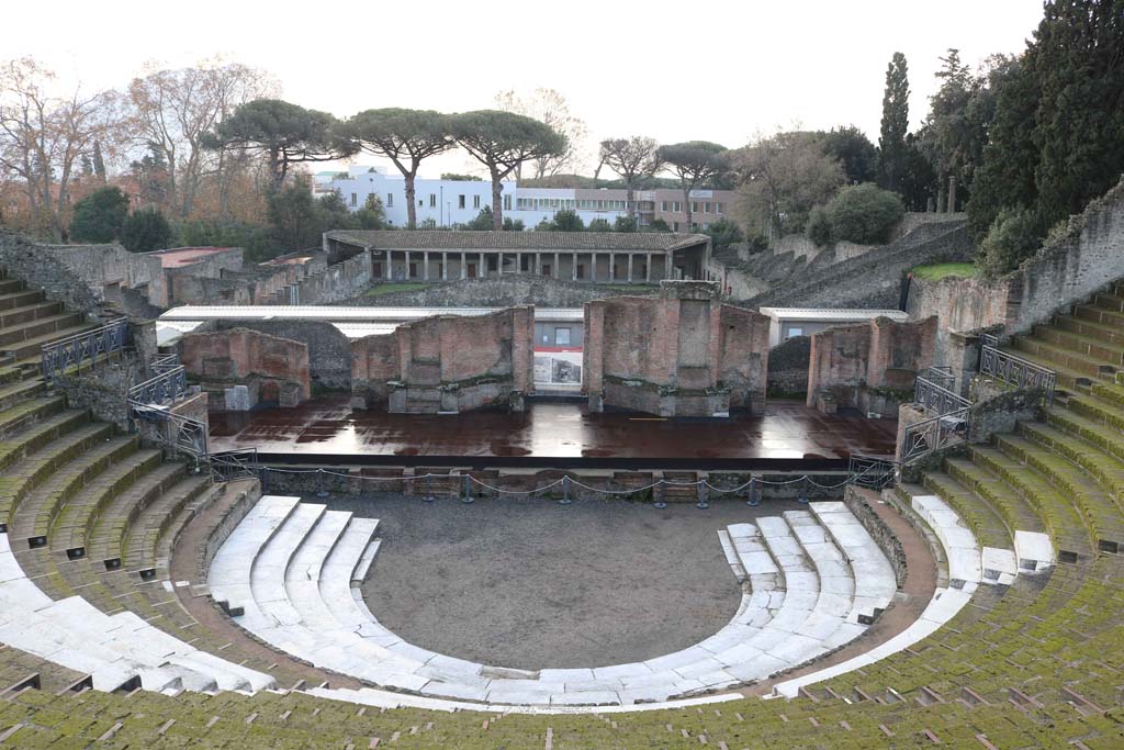 VIII.7.21 Pompeii. December 2018.
Looking south from top of theatre, towards seating and stage area. Photo courtesy of Aude Durand.