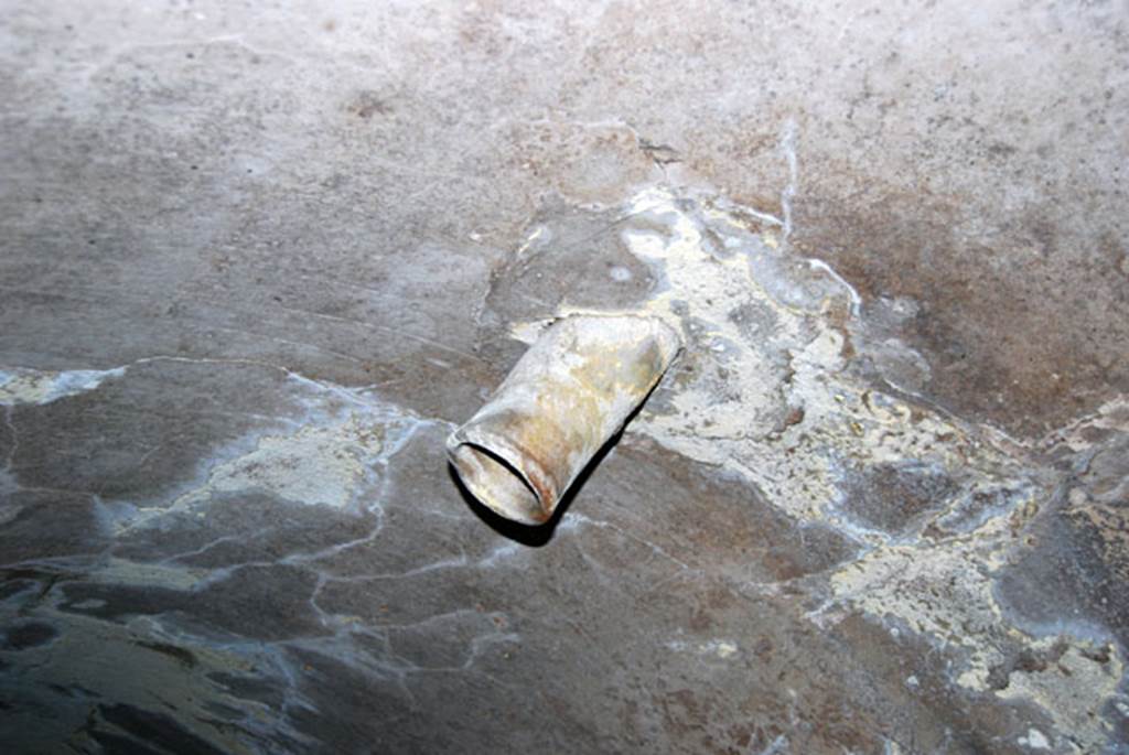 VIII.7.22 Pompeii. June 2009. Room E, detail of terracotta pipe in ceiling, looking west.
Photo courtesy of Sera Baker.