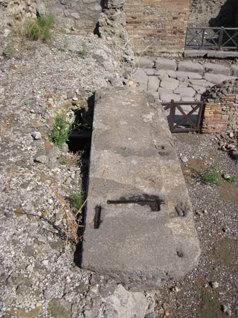 VIII.7.24 Pompeii. September 2010. Detail of threshold from triclinium onto north portico, now collapsed. Photo courtesy of Drew Baker.