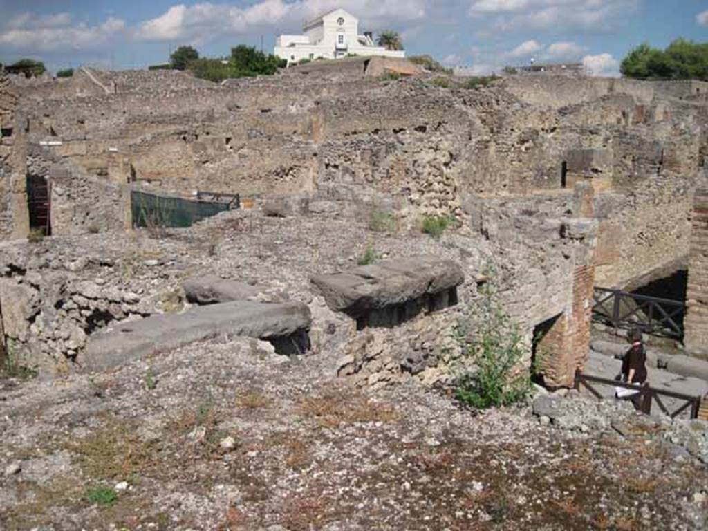 VIII.7.24 Pompeii. September 2010. Looking north-east across northern portico of garden, towards Via Stabiana and Casina dell’Aquila, on the skyline. Photo courtesy of Drew Baker.