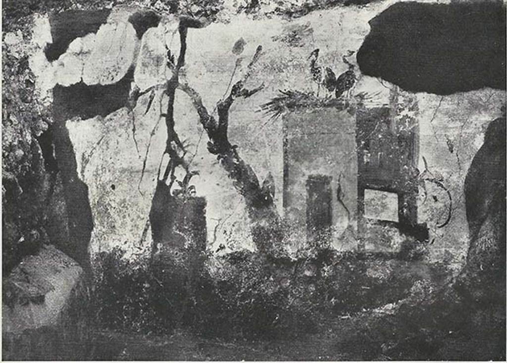 VIII.7.24 Pompeii. 1955. Fragment of Nilotic painting in peristyle. South wall. House on the river.
See Maiuri A., 1955. Una Nuova Pittura Nilotica a Pompei. Roma: Acc. Naz dei Lincei, Tav. I, 1.