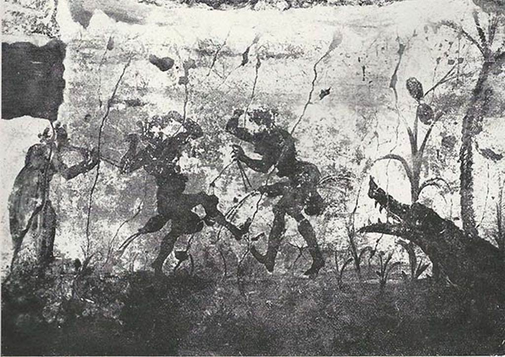 VIII.7.24 Pompeii. 1955. Fragment of Nilotic painting in peristyle. South wall. Orgiastic dance.
See Maiuri A., 1955. Una Nuova Pittura Nilotica a Pompei. Roma: Acc. Naz dei Lincei, Tav. I, 2.