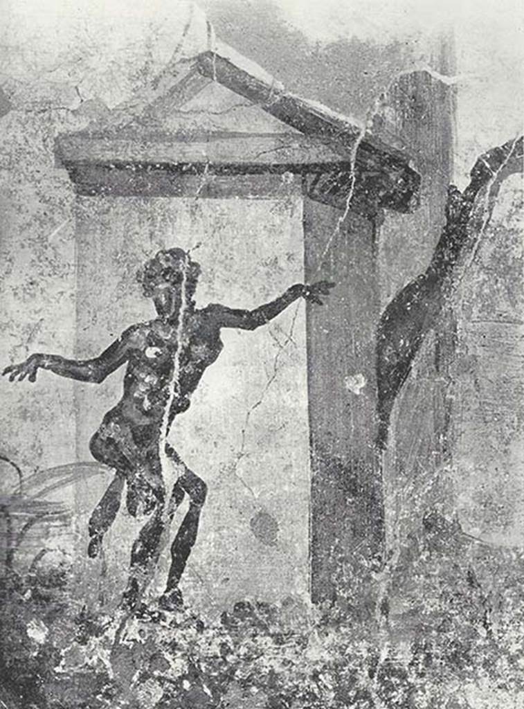 VIII.7.24 Pompeii. 1955. Detail of fragment of Nilotic painting in peristyle. A terrified figure defecates.
See Maiuri A., 1955. Una Nuova Pittura Nilotica a Pompei. Roma: Acc. Naz dei Lincei, Tav. III.