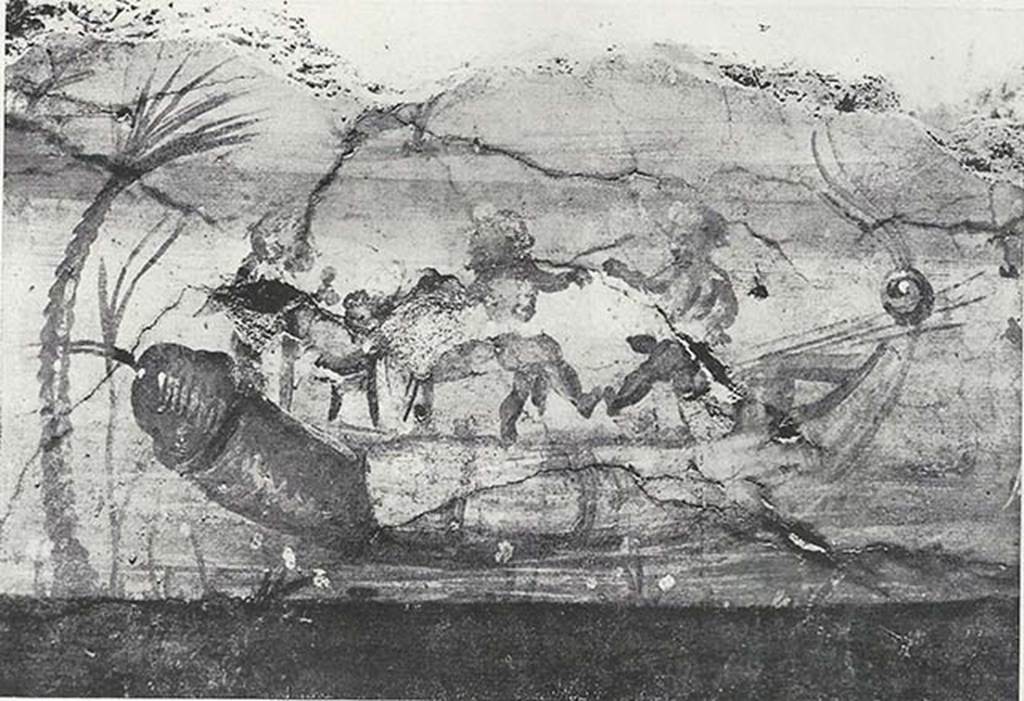 VIII.7.24 Pompeii. 1955. Fragment of Nilotic painting in peristyle. North wall. Phallic boat with dancing pygmies.
See Maiuri A., 1955. Una Nuova Pittura Nilotica a Pompei. Roma: Acc. Naz dei Lincei, Tav. V, 1.