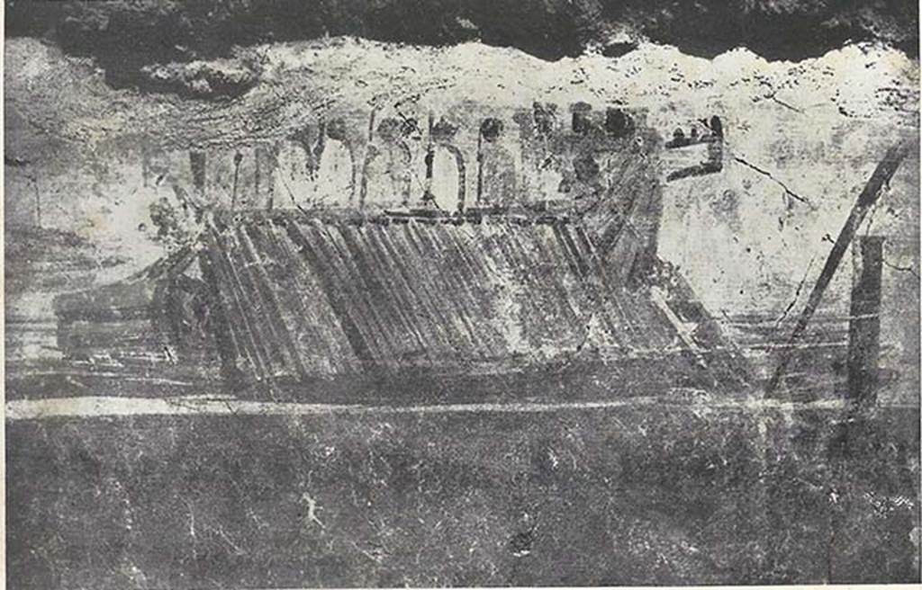VIII.7.24 Pompeii. 1955. Fragment of Nilotic painting in peristyle. East wall. Naval battle.
See Maiuri A., 1955. Una Nuova Pittura Nilotica a Pompei. Roma: Acc. Naz dei Lincei, Tav. VIII, 1.