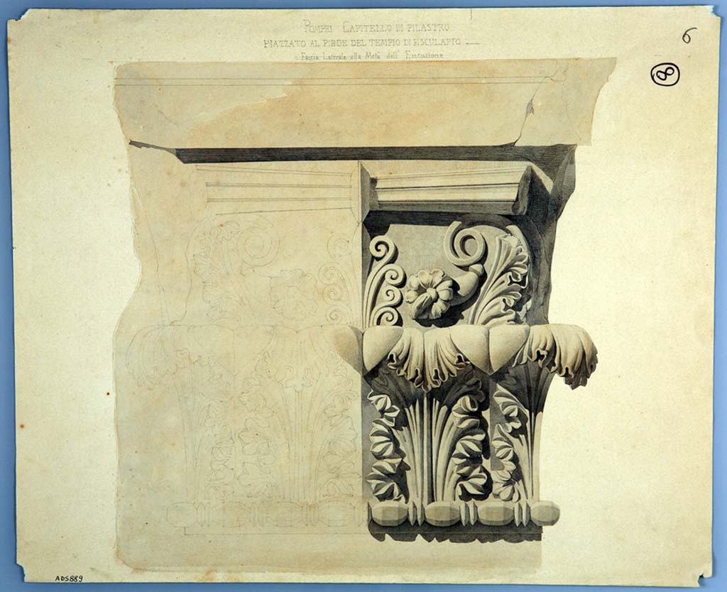VIII.7.25 Pompeii. Drawing by Pasquale Maria Veneri showing detail of capital of a pilaster found in the Temple.
Now in Naples Archaeological Museum. Inventory number ADS 889.
Photo © ICCD. http://www.catalogo.beniculturali.it
Utilizzabili alle condizioni della licenza Attribuzione - Non commerciale - Condividi allo stesso modo 2.5 Italia (CC BY-NC-SA 2.5 IT)