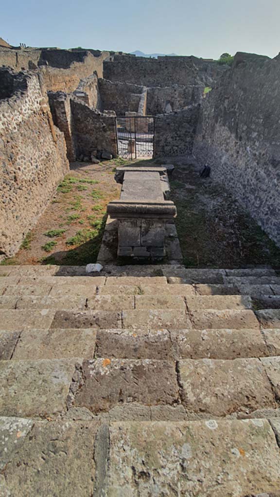 VIII.7.25 Pompeii. August 2021.
Looking east down steps of podium towards entrance on Via Stabiana.
Foto Annette Haug, ERC Grant 681269 DÉCOR.