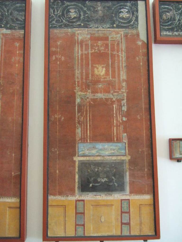 VIII.7.28 Pompeii. Panel with architectural painting and naval scene.
Now in Naples Archaeological Museum.