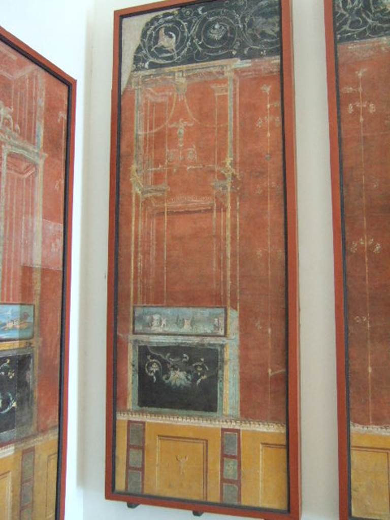 VIII.7.28 Pompeii. Panel with architectural painting and landscape scene.
Now in Naples Archaeological Museum
