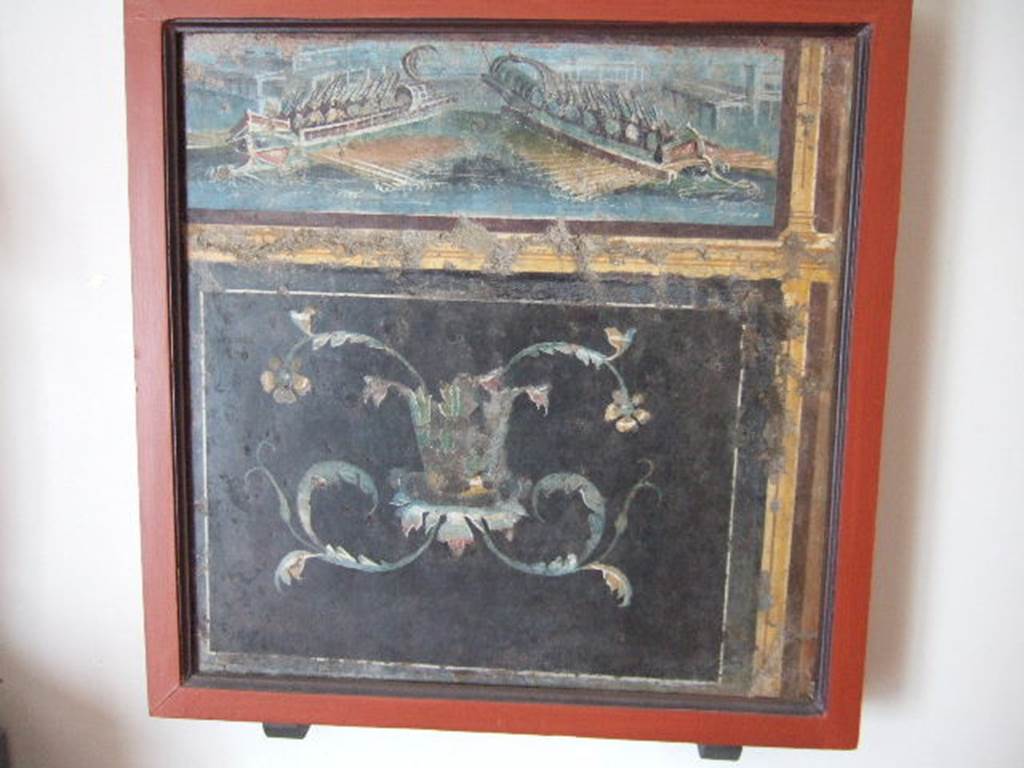 VIII.7.28 Pompeii. Naval scene. Found on feature on left part of north wall.
Now in Naples Archaeological Museum. Inventory number 8554.