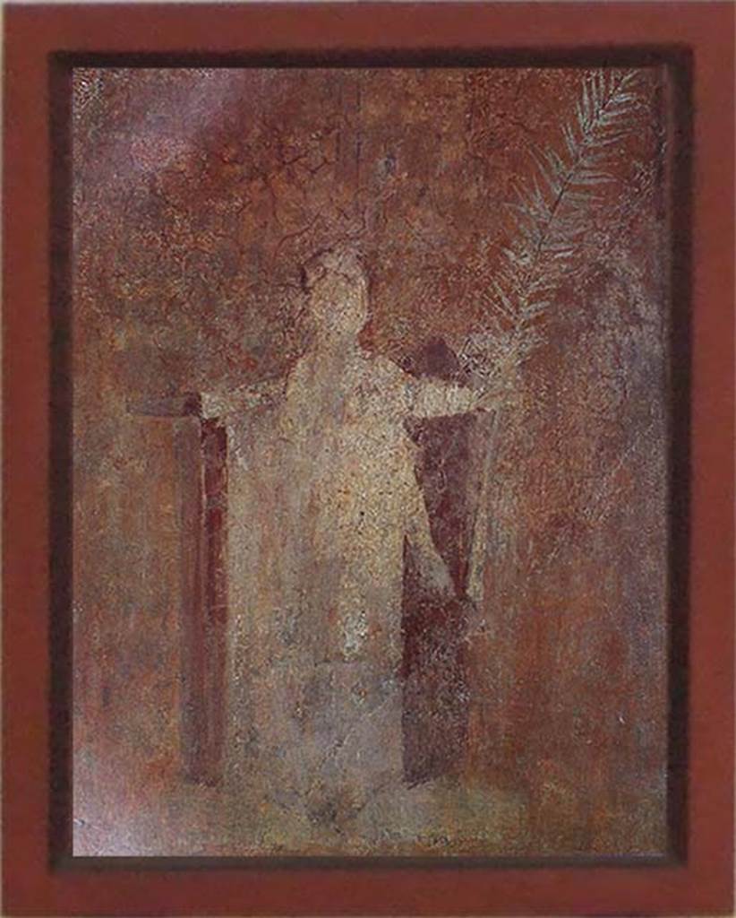 VIII.7.28 Pompeii. Extreme west part of the north portico.
The painting is in a bad state of preservation.
It still shows the silhouette of the priest, with his skull shaved and dressed in a long white robe. He is moving towards the right, holding in one hand a palm branch and the other a bundle of herbs.
Now in Naples Archaeological Museum. Inventory number MCCCXLIII.