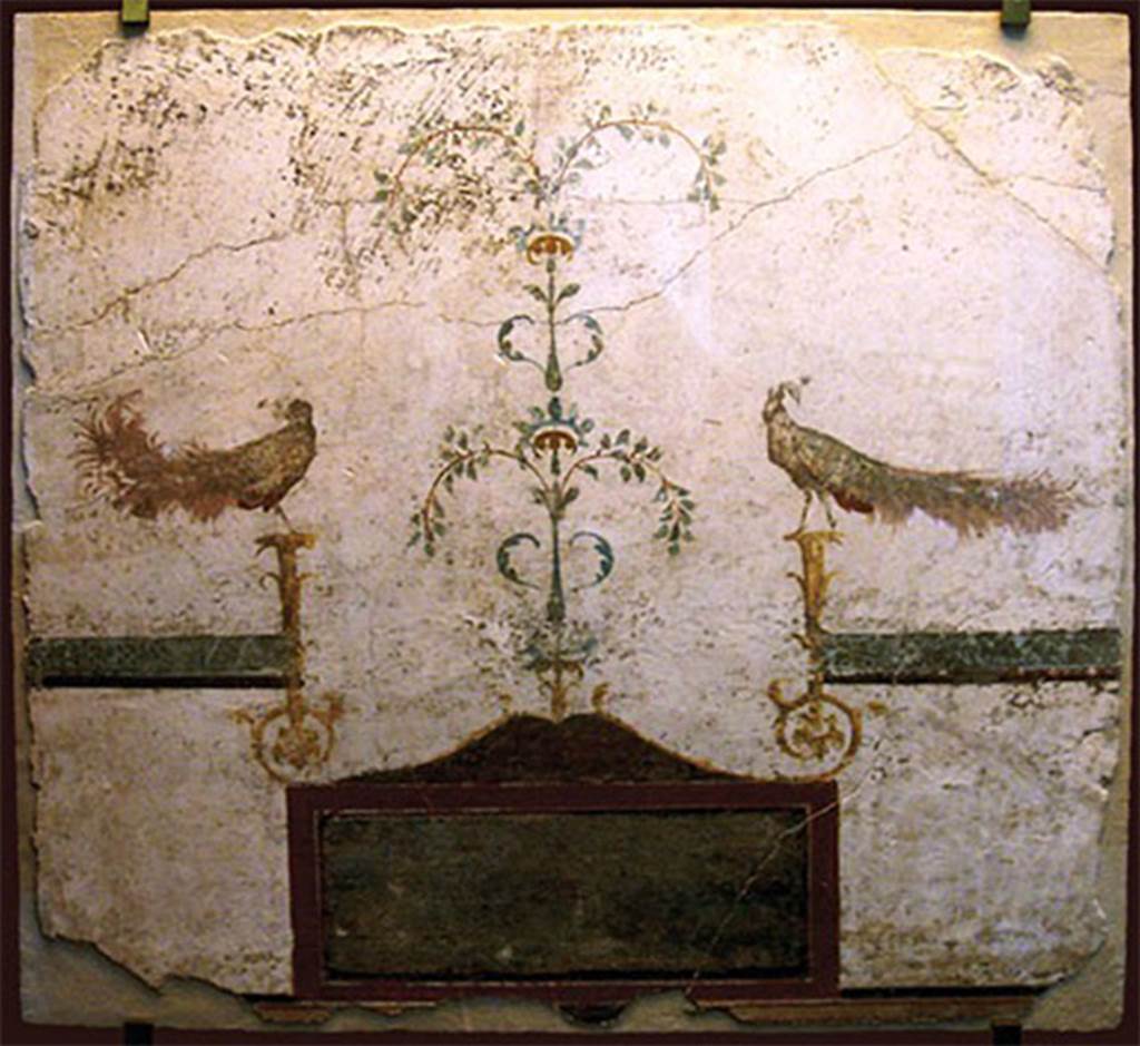 VIII.7.28 Pompeii. Part of the portico? Painting with two peacocks perched on candelabra with a landscape below.
Upper part of the Temple of Isis, Pompeii.
This fresco features two peacocks perched on stylized chandeliers and, at the bottom, a picture with a landscape.
Now in the Museu Nacional/UFRJ Brazil.
Following the disastrous fire at the Museum on 3rd September 2018 this may have been destroyed.
Parte superior do Templo de Ísis, Pompéia.
Este afresco apresenta dois pavões empoleirados em candelabros estilizados e, na parte inferior, um quadro com uma paisagem.
See http://www.museunacional.ufrj.br/dir/exposicoes/arqueologia/culturas-mediterraneo/arqcmed013.html