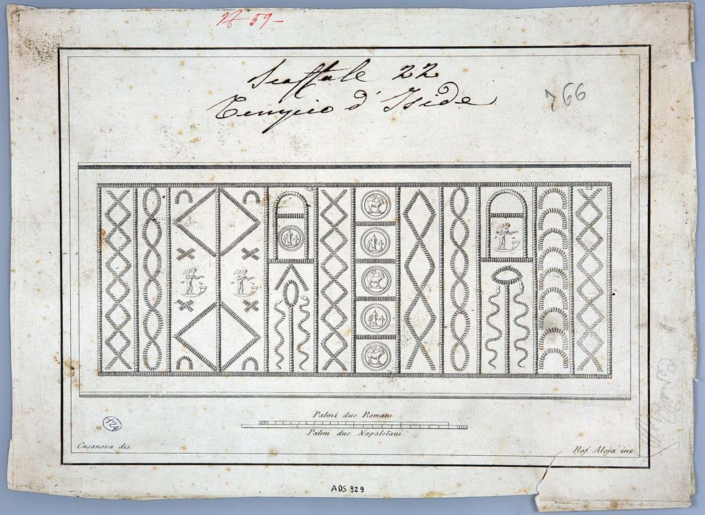 VIII.7.28 Pompeii. Water container decorated with themes of Isis. Found in the north-east corner of the portico.
Drawing by Giovanni Battista Casanova, engraved by Raffaele Aloja, showing flattened view of pattern.
Now in Naples Archaeological Museum. Inventory number ADS 929.
Photo © ICCD. http://www.catalogo.beniculturali.it
Utilizzabili alle condizioni della licenza Attribuzione - Non commerciale - Condividi allo stesso modo 2.5 Italia (CC BY-NC-SA 2.5 IT)