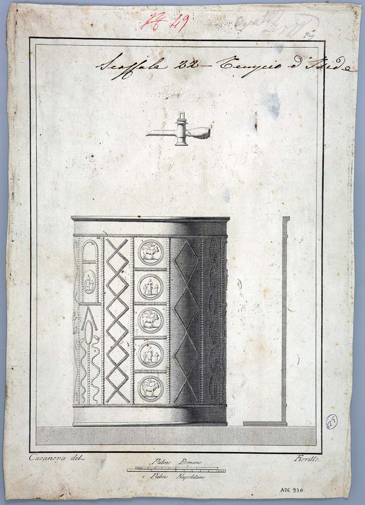VIII.7.28 Pompeii. Lead water container decorated with themes of Isis. Found in the north-east corner of the portico.
Drawing by Giovanni Battista Casanova showing reconstruction of pattern.
The engraving depicts a lead cist decorated with medallions with the Isiac triad, man-headed bull, lovebirds and Uraeus (sacred asps) on the sides of a lotus flower.
Now in Naples Archaeological Museum. Inventory number ADS 930.
Photo © ICCD. http://www.catalogo.beniculturali.it
Utilizzabili alle condizioni della licenza Attribuzione - Non commerciale - Condividi allo stesso modo 2.5 Italia (CC BY-NC-SA 2.5 IT)