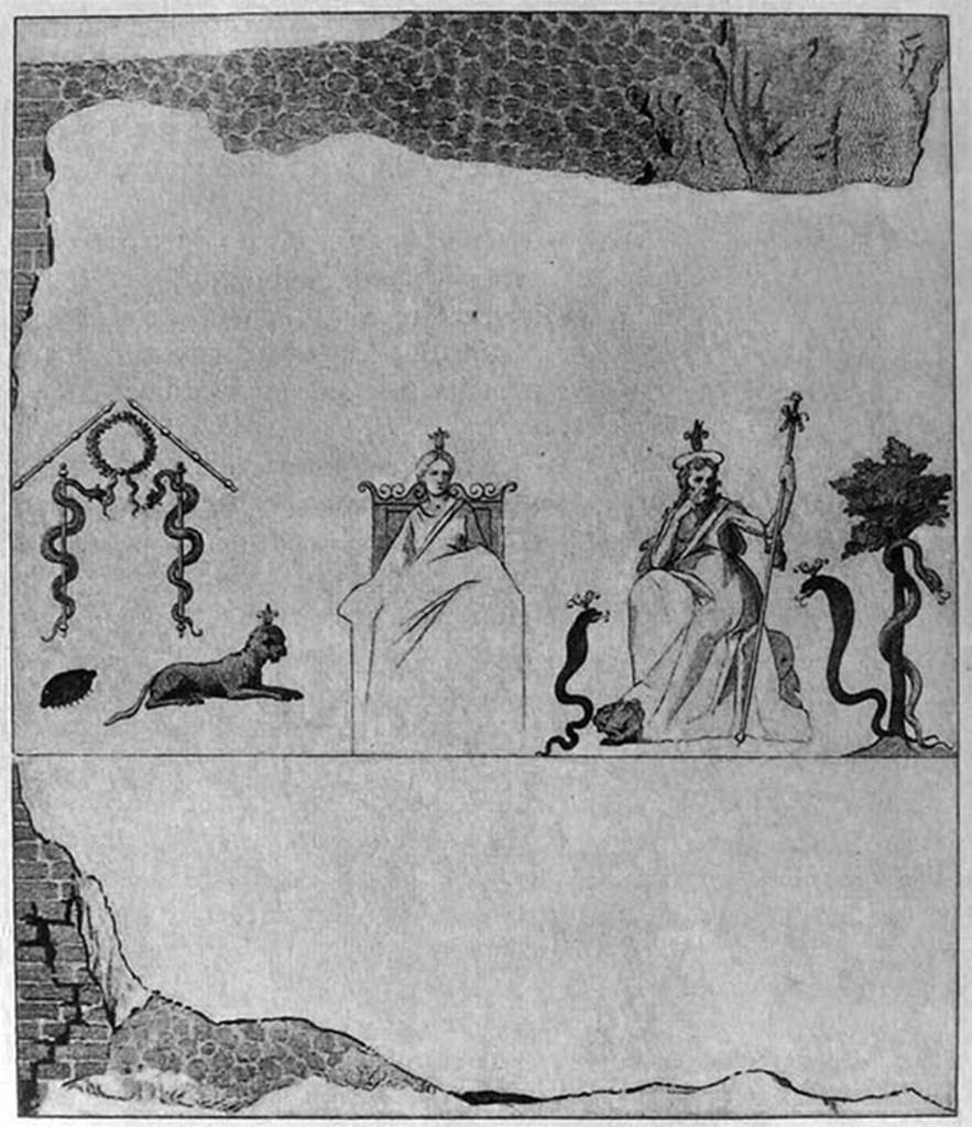 VIII.7.28 Pompeii. Sacrarium west wall as found on 9th November 1765.
Drawing by Giovanni Battista Casanova and engraved by Nicola Fiorillo.
Isis and Osiris are seated between trees, among symbols such as a scarab, cobras and a lion.
According to PPM, it was already in poor condition, so much so that it was necessary for Canart to fix it with 60 nails.
See Carratelli, G. P., 1990-2003. Pompei: Pitture e Mosaici: Vol. VIII. Roma: Istituto della enciclopedia Italiana, p. 819.
Now in Naples Archaeological Museum. Inventory number 351737.
Photo © ICCD. http://www.catalogo.beniculturali.it
Utilizzabili alle condizioni della licenza Attribuzione - Non commerciale - Condividi allo stesso modo 2.5 Italia (CC BY-NC-SA 2.5 IT)