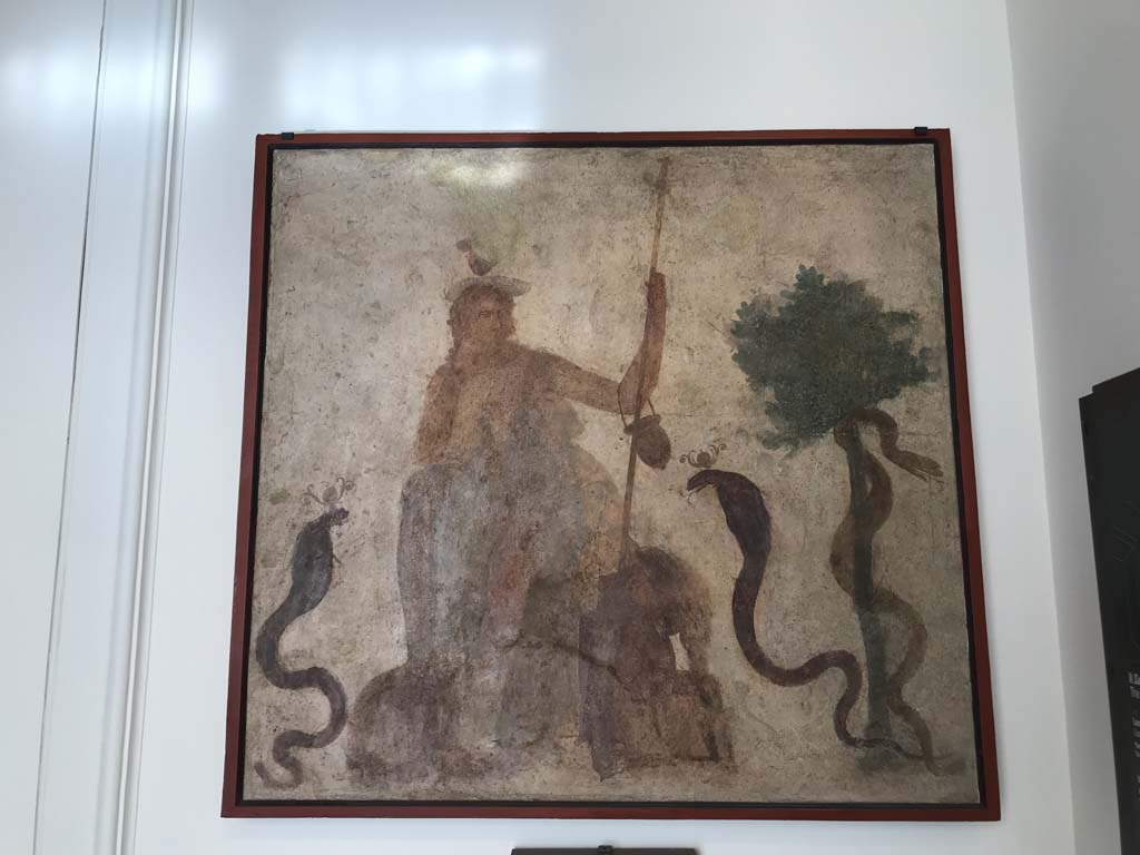 VIII.7.28 Pompeii. April 2019. West wall of sacrarium. Painting of god Osiris on a throne and with cobras.
Now in Naples Archaeological Museum. Inventory number 8927. Photo courtesy of Rick Bauer.