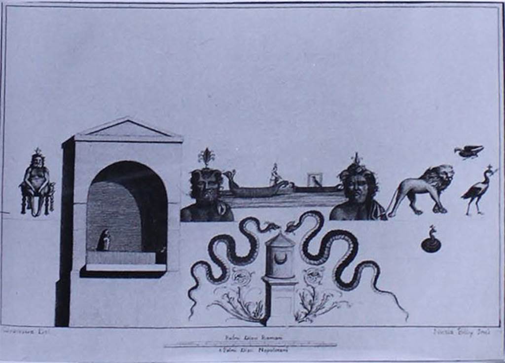 VIII.7.28 Pompeii. 18th century engraving by Giovanni Casanova of north wall of irregular shaped sacred room.
The decoration is conserved in several parts in Naples Museum.
Now in Naples Archaeological Museum. Inventory number 351779.
Photo © ICCD. https://www.catalogo.beniculturali.it/
Utilizzabili alle condizioni della licenza Attribuzione - Non commerciale - Condividi allo stesso modo 2.5 Italia (CC BY-NC-SA 2.5 IT)