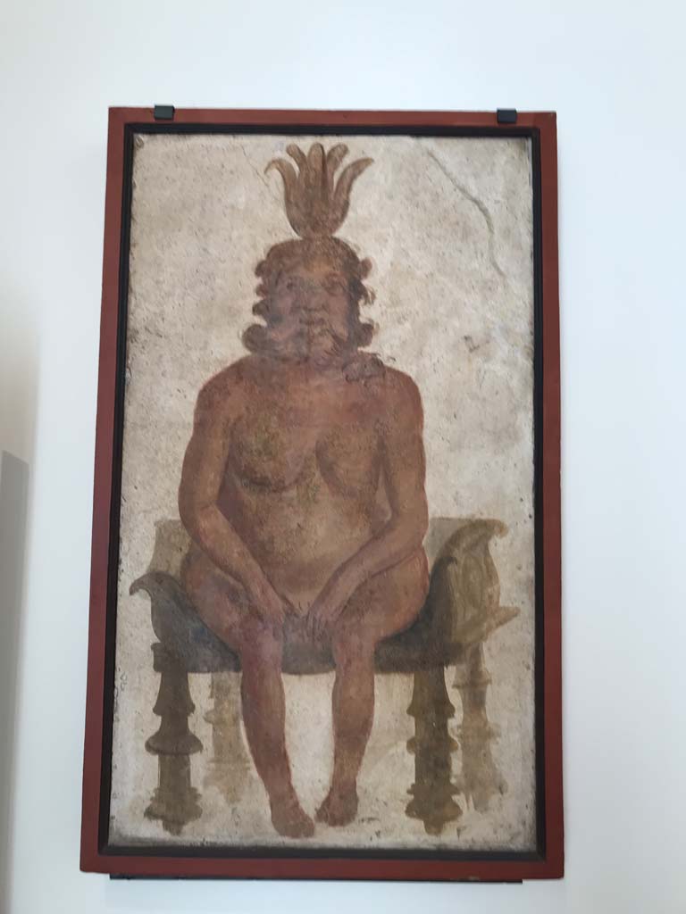 VIII.7.28 Pompeii. April 2019. Found on north wall of the sacrarium. Painting of Bes.
Now in Naples Archaeological Museum. Inventory number 8916.
Photo courtesy of Rick Bauer.