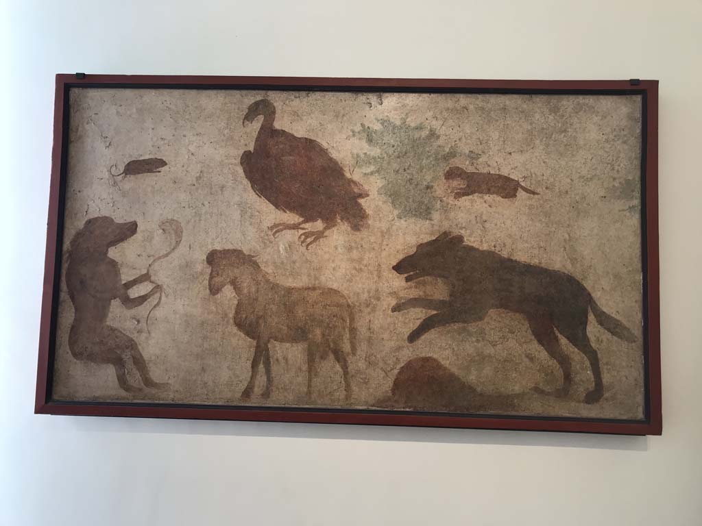 VIII.7.28 Pompeii. April 2019. Animal painting found on east wall of the sacrarium.
Now in Naples Archaeological Museum. Inventory number 8533.
See Carratelli, G. P., 1990-2003. Pompei: Pitture e Mosaici: Vol. VIII. Roma: Istituto della enciclopedia italiana, p. 817-8.
Photo courtesy of Rick Bauer.