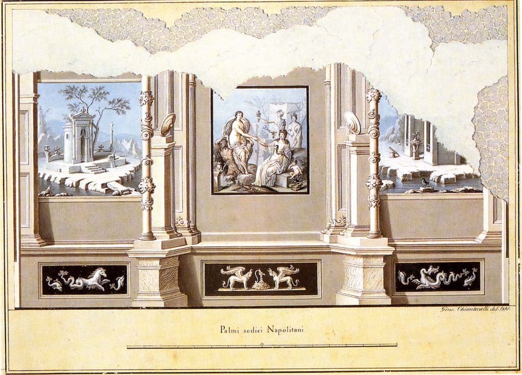 VIII.7.28 Pompeii. 1810 painting by Giuseppe Chiantarelli of south wall of the Ekklesiasterion, not a faithful reproduction.
According to PPM, the painting of Io arriving at Canopus in the centre and the zoccolo are all that correspond.
The painting of the mourning and sacrifice for Osiris should be at the east end and not the circular shrine.
See Carratelli, G. P., 1990-2003. Pompei: Pitture e Mosaici: Vol. VIII. Roma: Istituto della enciclopedia Italiana, p. 835.
Now in Naples Archaeological Museum. Inventory number ADS 916.
Photo © ICCD. http://www.catalogo.beniculturali.it
Utilizzabili alle condizioni della licenza Attribuzione - Non commerciale - Condividi allo stesso modo 2.5 Italia (CC BY-NC-SA 2.5 IT)