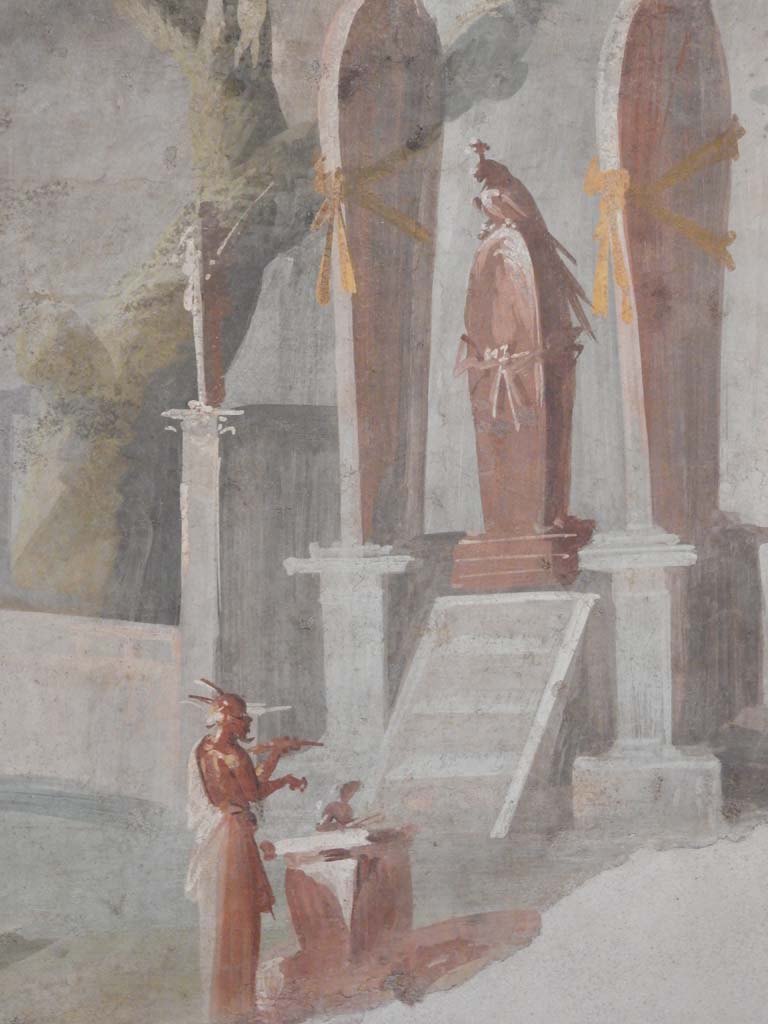VIII.7.28 Pompeii. June 2019. Detail from painting of the ceremony of mourning and sacrifice for Osiris.
Painted panel from the east end (left) of the south wall of the Ekklesiasterion.
Detail of the offerings being made in front of the sarcophagus of Osiris. Photo courtesy of Buzz Ferebee.
Now in Naples Archaeological Museum. Inventory number 8570.