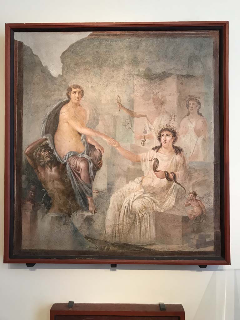 VIII.7.28 Pompeii. April 2019. Arrival of Io at Canopus.
Isis offers her hand as her priestesses shake their sistra.
Found in the centre of the south wall of the Ekklesiasterion in November 1765.
Now in Naples Archaeological Museum. Inventory number 9558.
Photo courtesy of Rick Bauer.