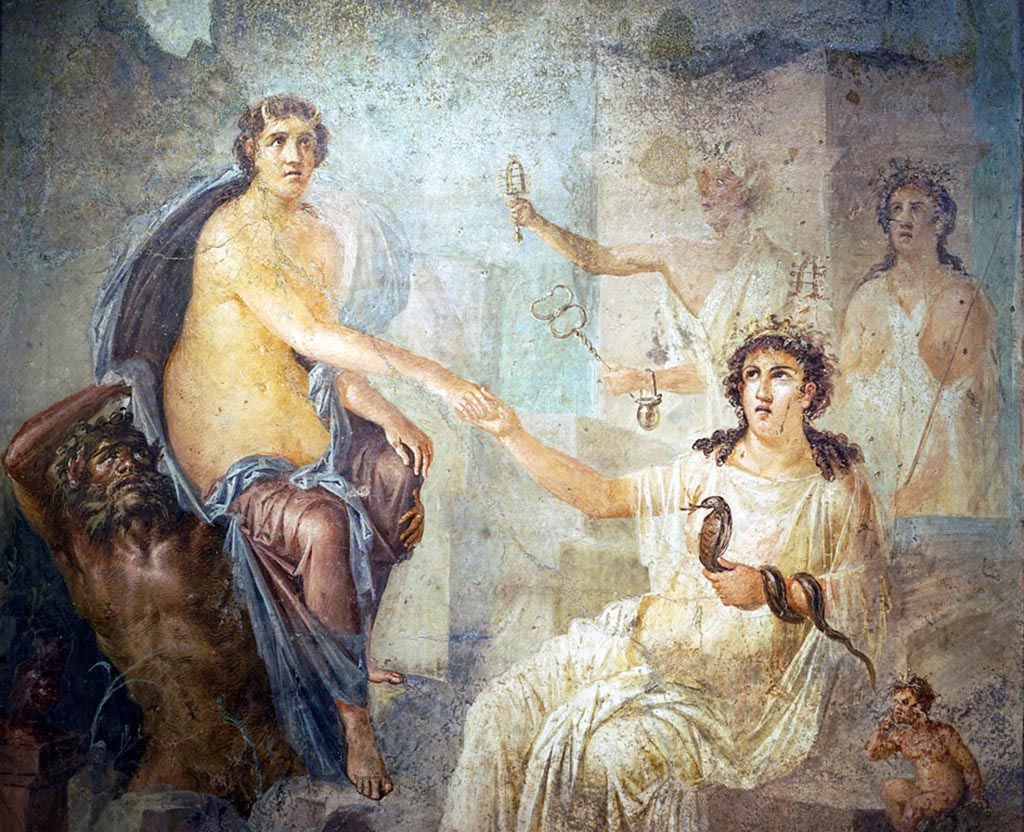 VIII.7.28 Pompeii. December 2019. Detail of Io, Isis and sea deity, at Canopus.
Found in the centre of the south wall of the Ekklesiasterion in November 1765.
Now in Naples Archaeological Museum. Inventory number 9558. Photo courtesy of Giuseppe Ciaramella.
