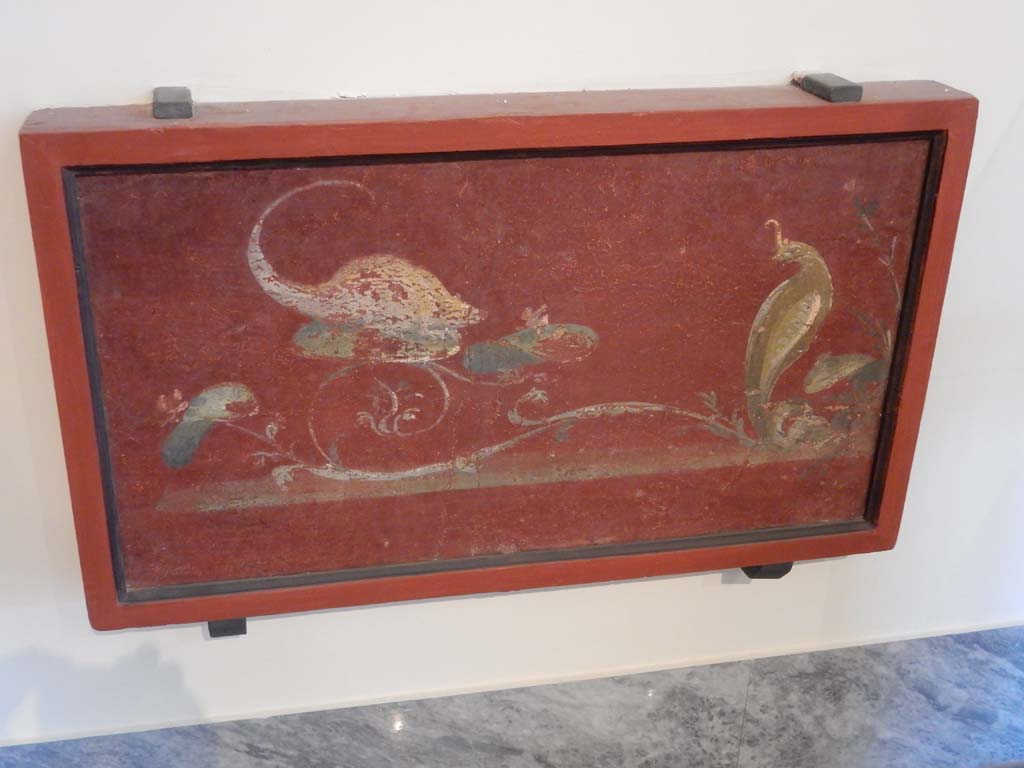 VIII.7.28 Pompeii. June 2019. Painted zoccolo panel of Egyptian mongoose and cobra, found in centre of west wall in the Ekklesiasterion.
Now in Naples Archaeological Museum. Inventory number s. n. 3.
Photo courtesy of Buzz Ferebee.